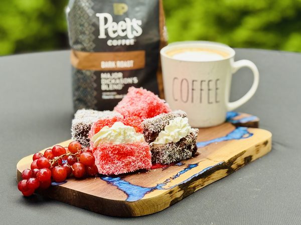 Aussie Lamingtons with coffee and fruit